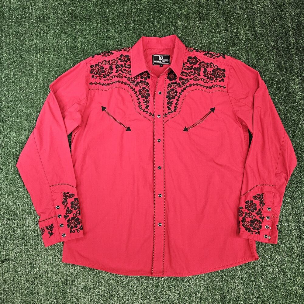 EUC Men’s Red & Black Embroidered SALVAJE OESTE Shirt Size Large PEARL SNAPS